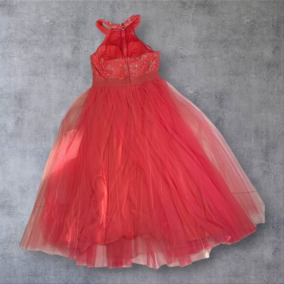 👗 Teeze Me Coral Pink Lace Halter Tulle Dress Size XS/S Prom Formal - Picture 7 of 8